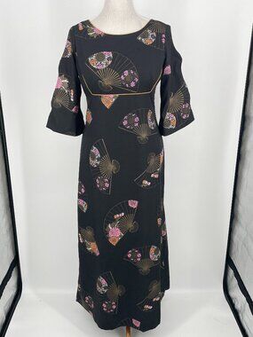 Alfred Shaheen Vintage Hawaiian Maxi Dress L 3/4 Sleeve Bow Back Cutout